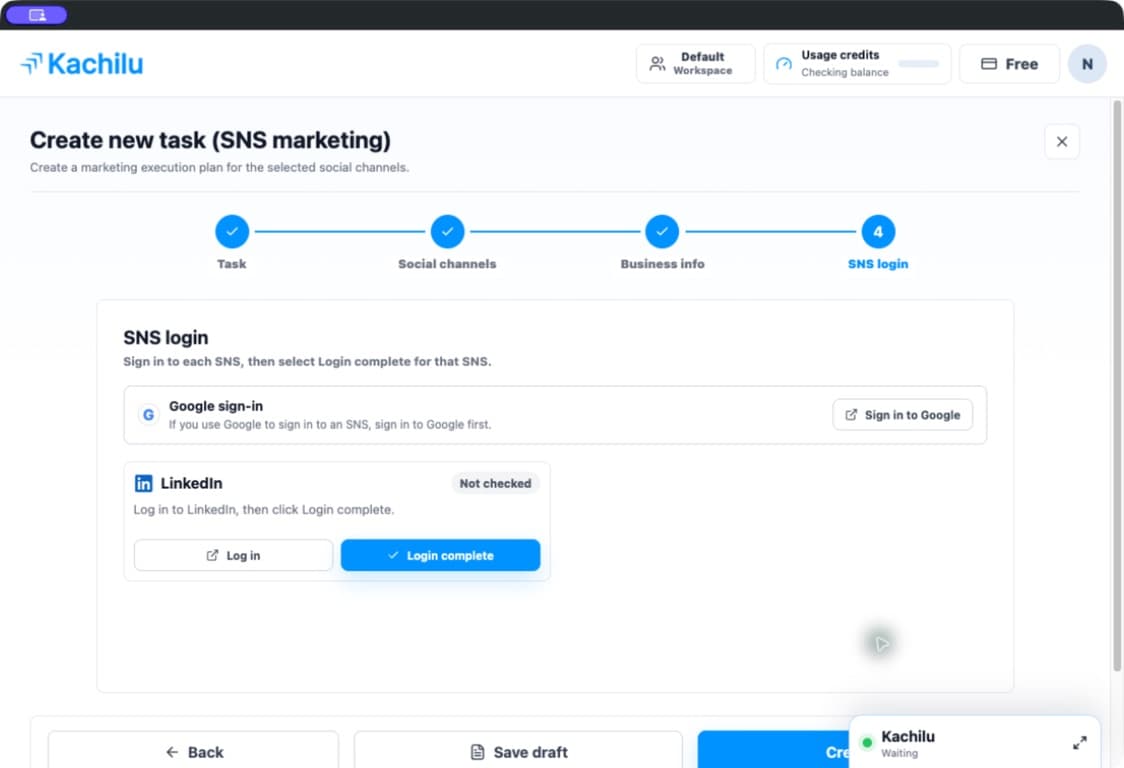LinkedIn login confirmation and Create task screen