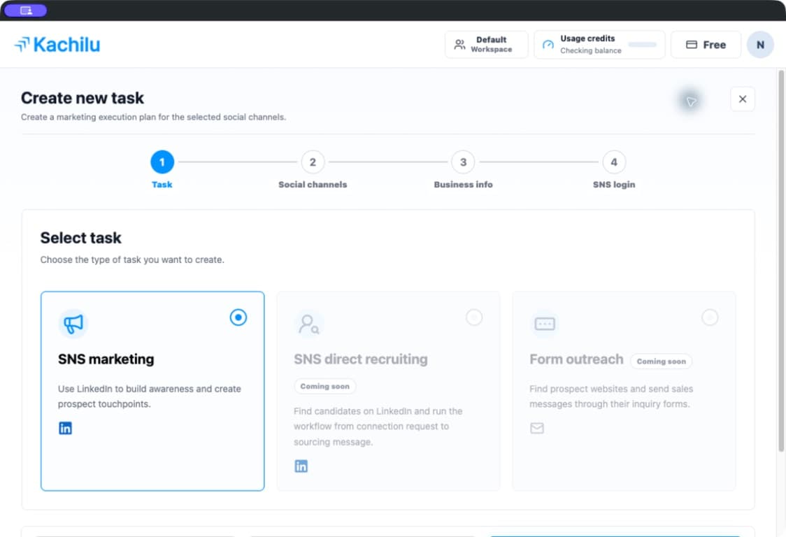 SNS marketing selected in the new task screen