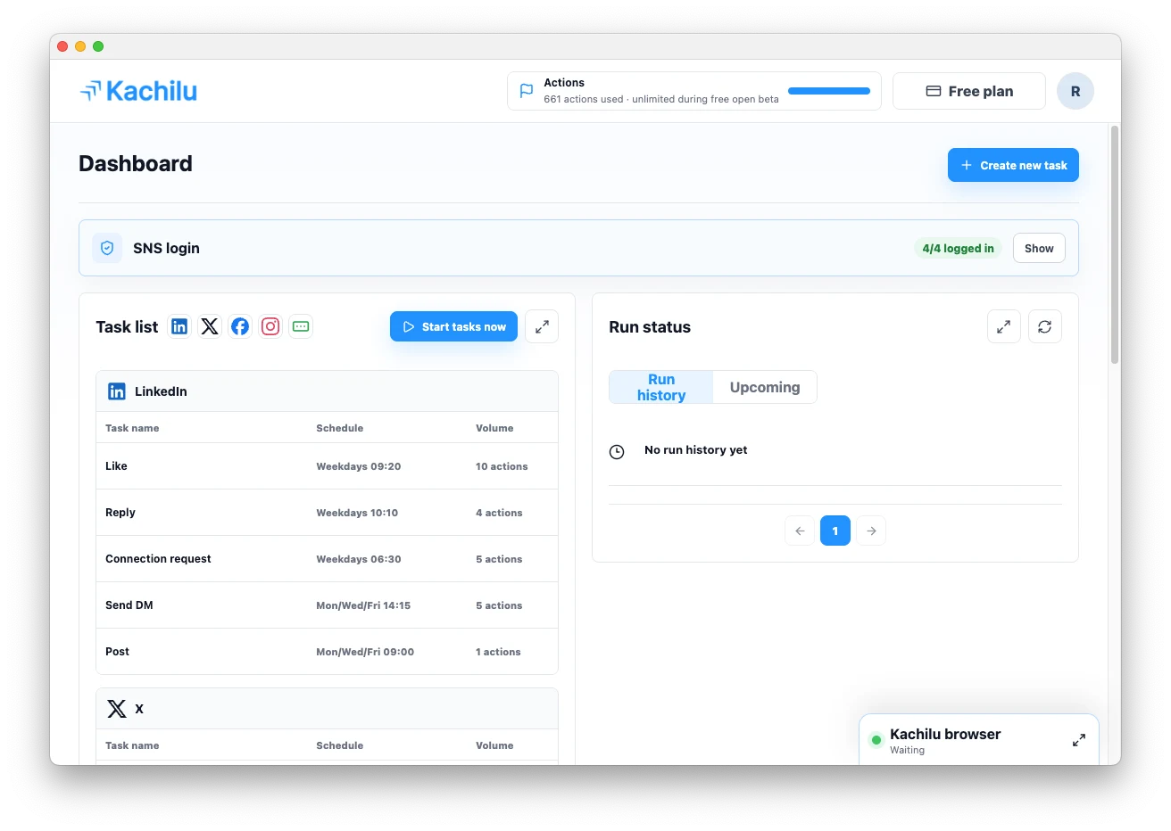 Dashboard task list with Start tasks now button
