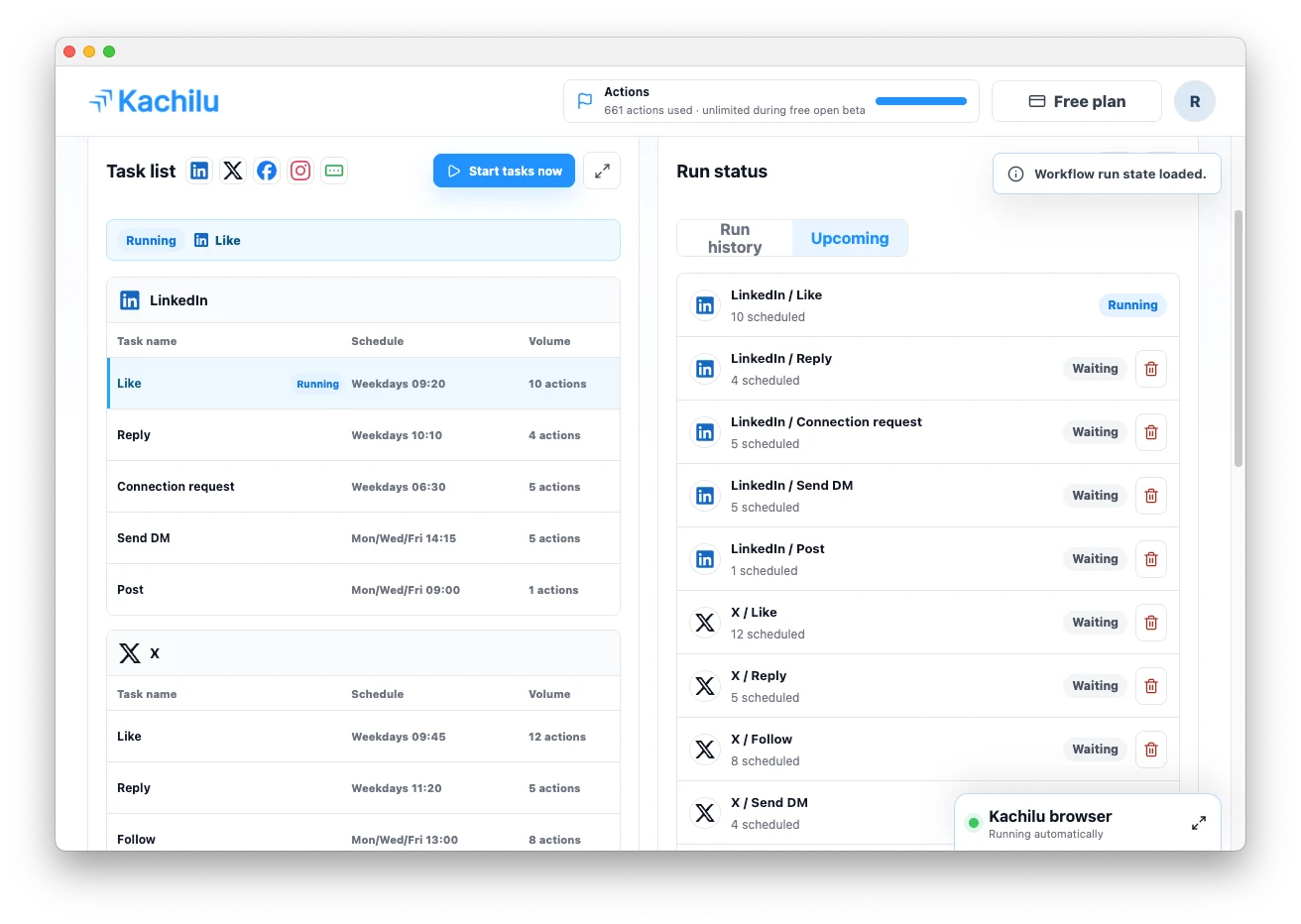 Dashboard upcoming run status panel
