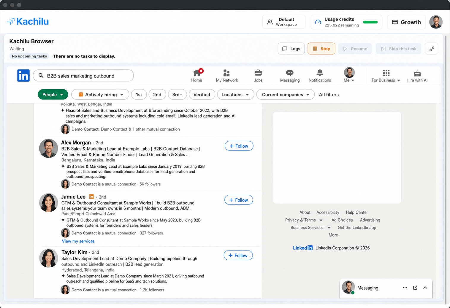 Kachilu in-app browser searching LinkedIn with fictional sample prospects