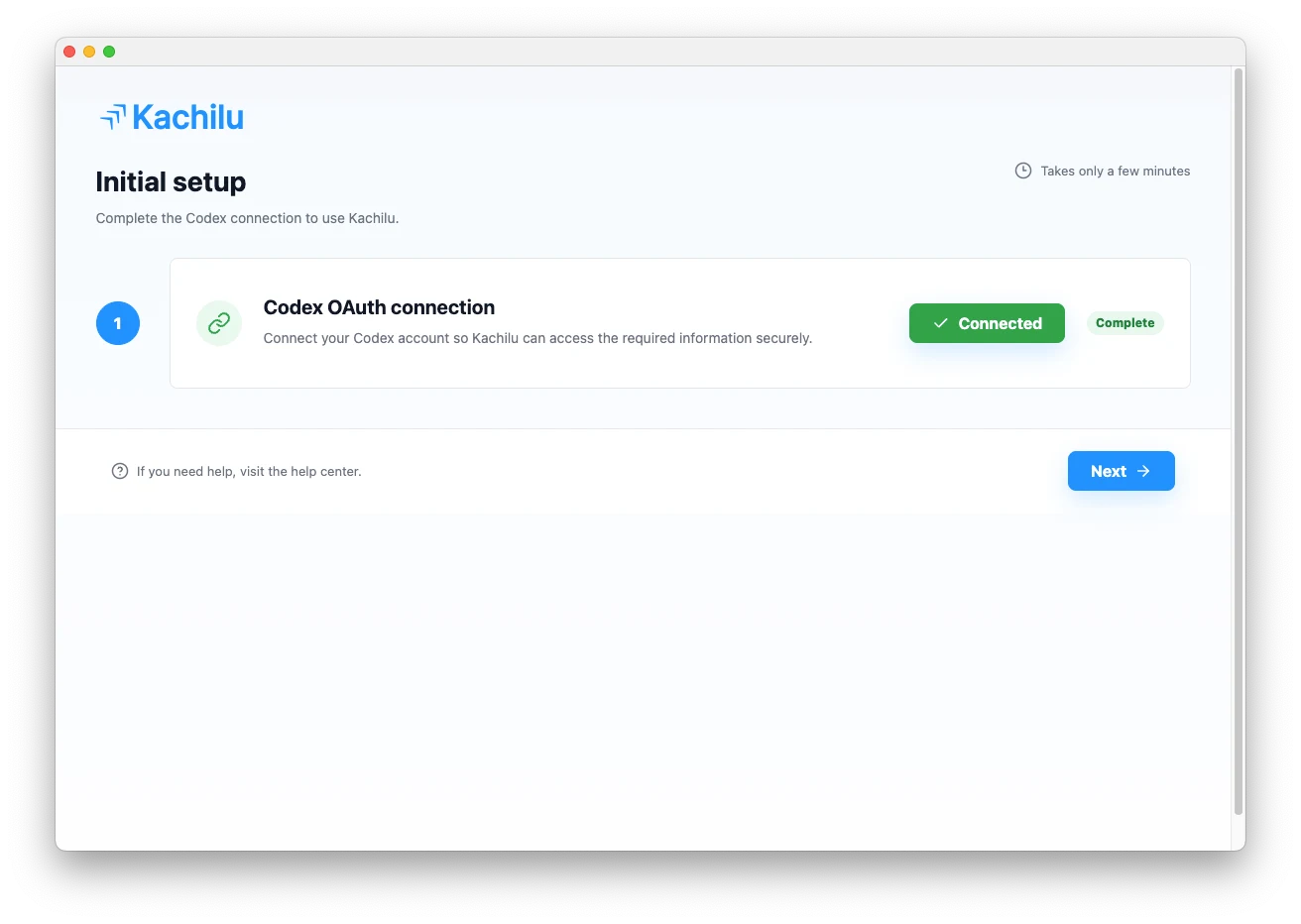 Kachilu setup screen after Codex connection is complete