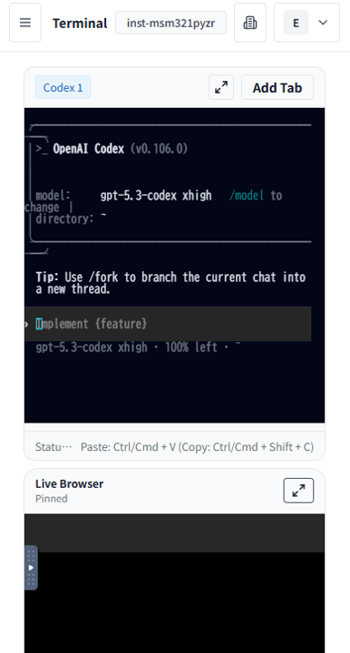 Kachilu mobile terminal showing OpenAI Codex interface