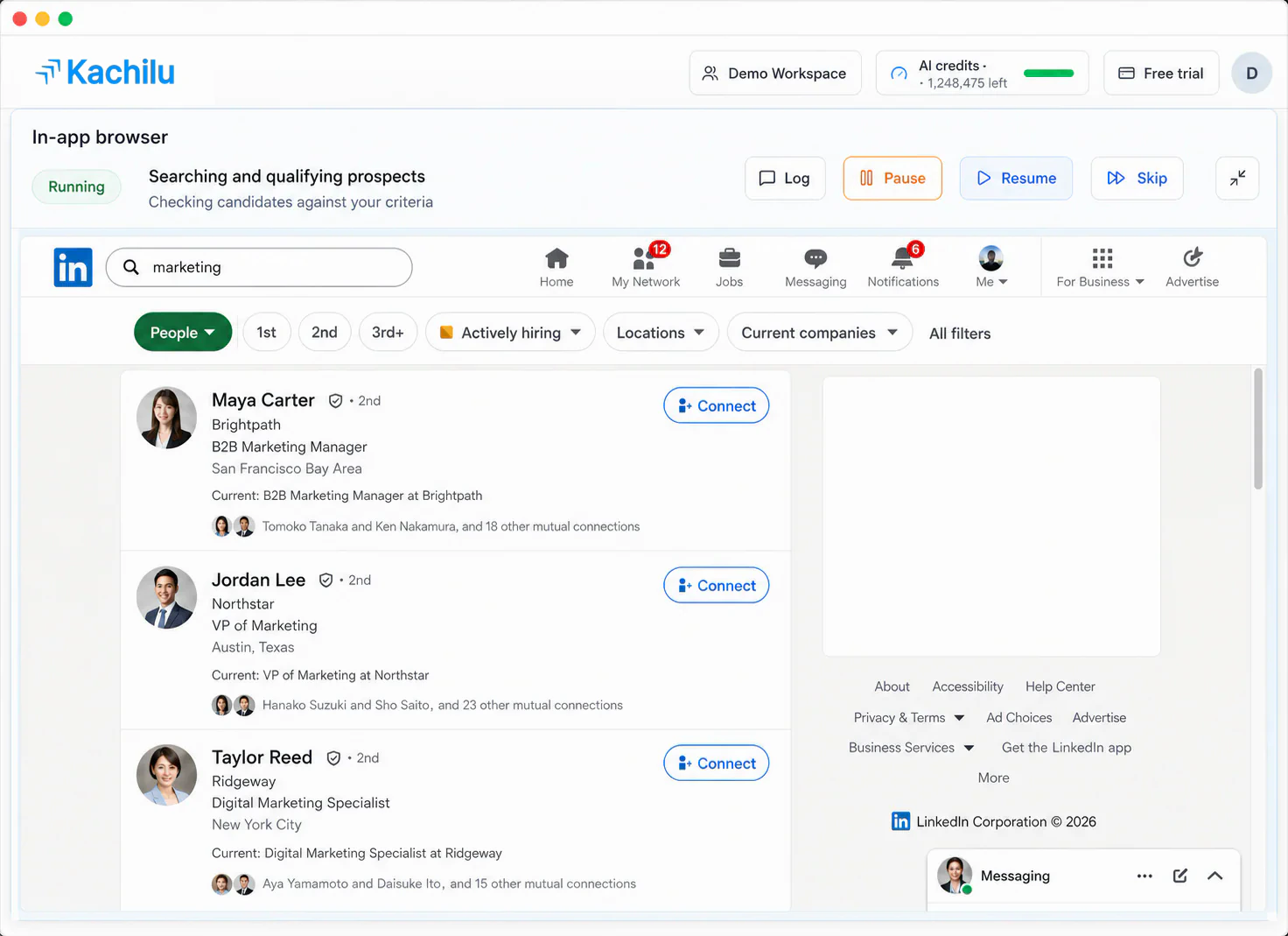 Kachilu in-app browser qualifying LinkedIn prospects