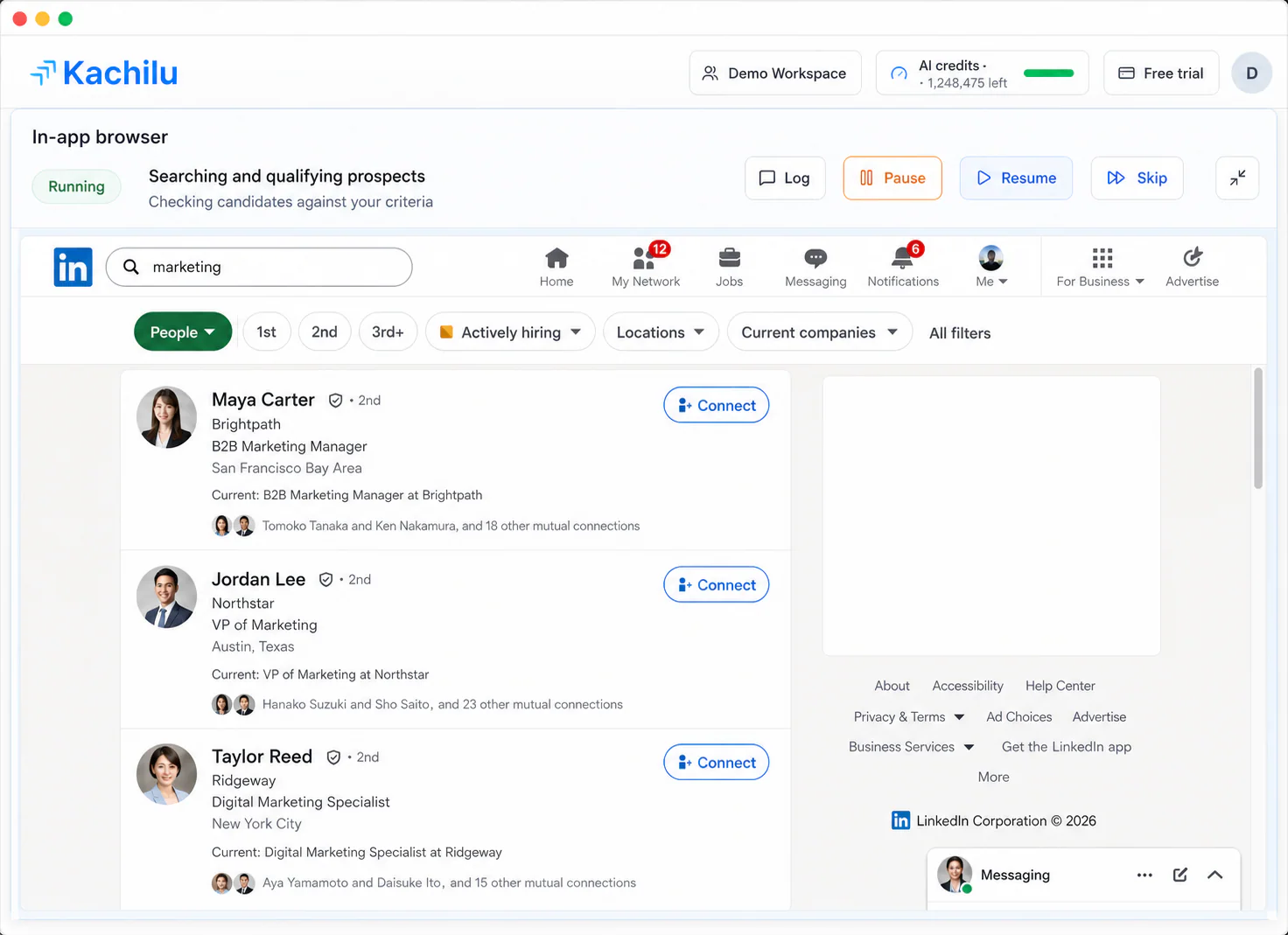 Kachilu in-app browser qualifying LinkedIn prospects