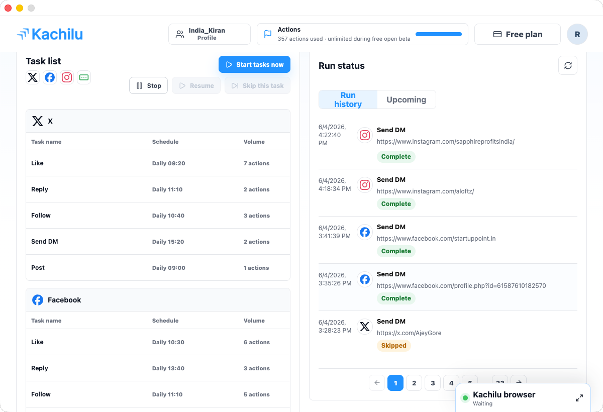 Kachilu dashboard showing task list, actions, run history, and campaign context.
