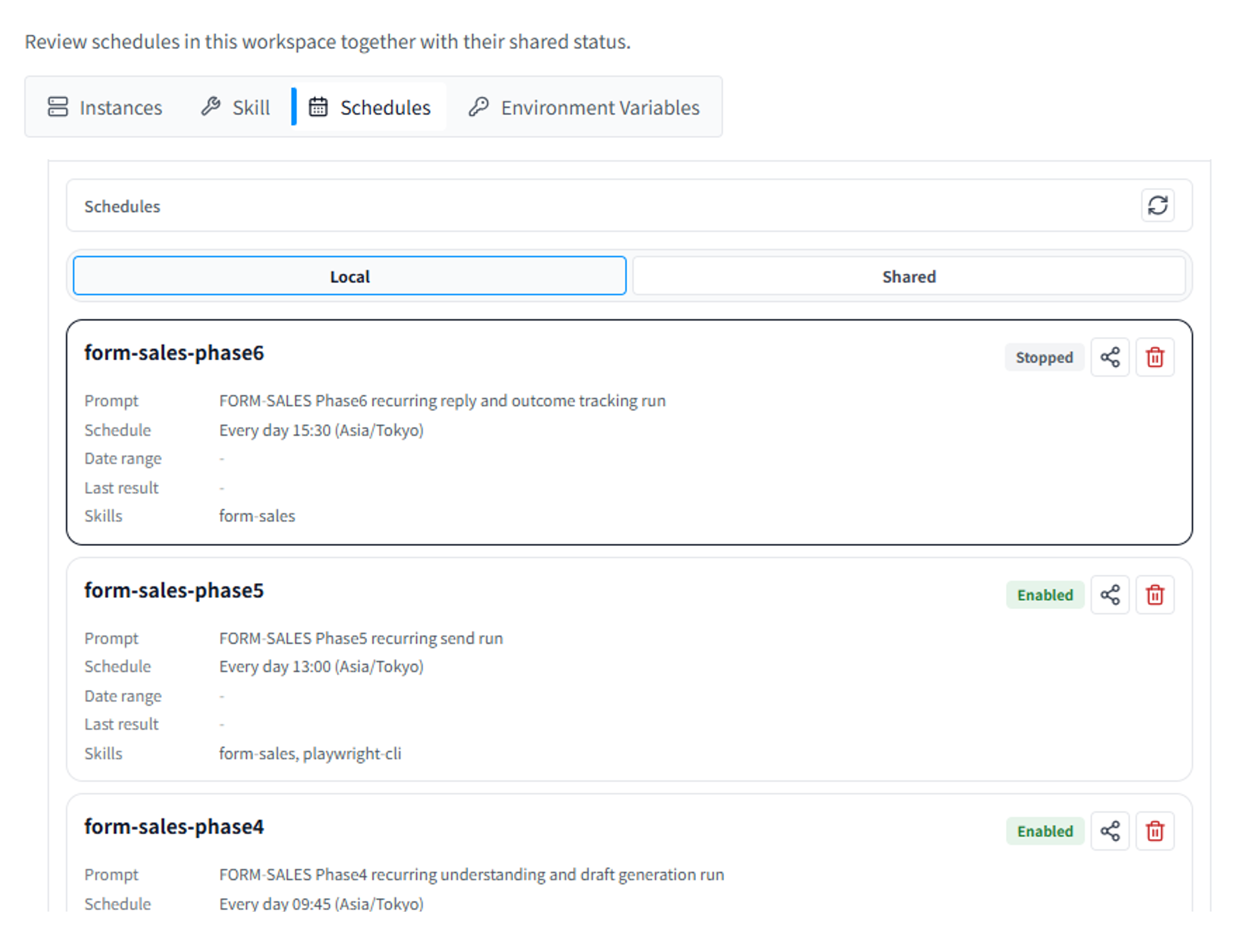 Schedules dashboard showing scheduled tasks and their status