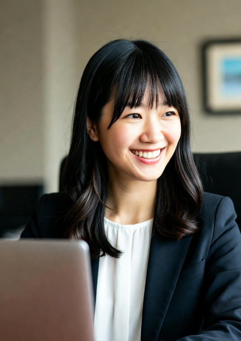 A smiling woman with curly hair working on her laptop