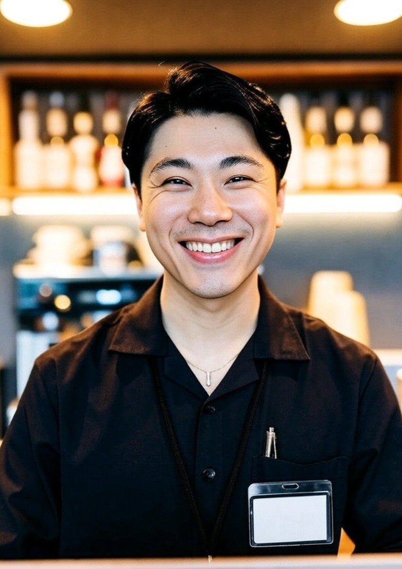 Cheerful shop owner working on a laptop in a cafe environment